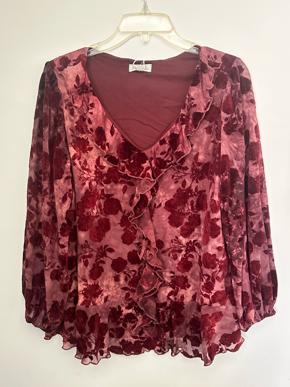 Chenault Mesh & Floral Velvet Ruffle Front Blouse NWT~1X